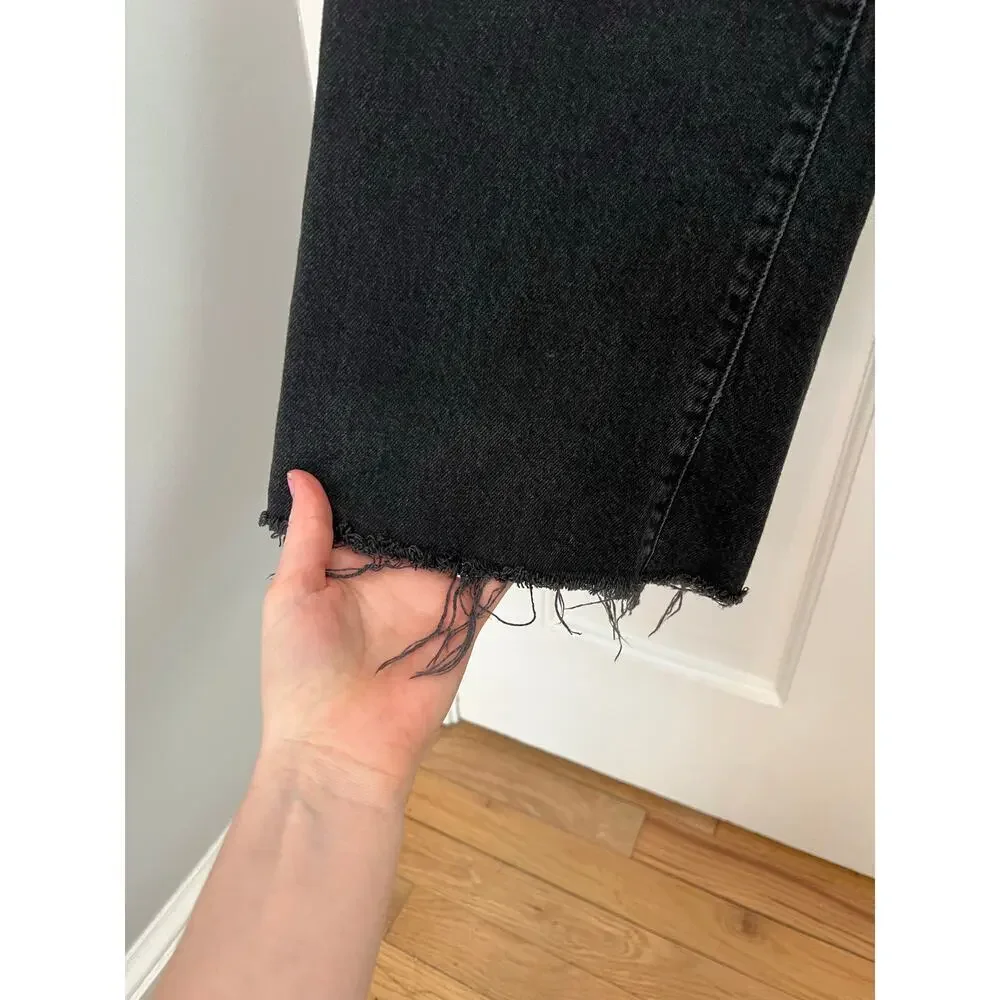 MNG Jeans Wide Leg Black Denim High Waist Led Button Fly 100% Cotton Women's 6